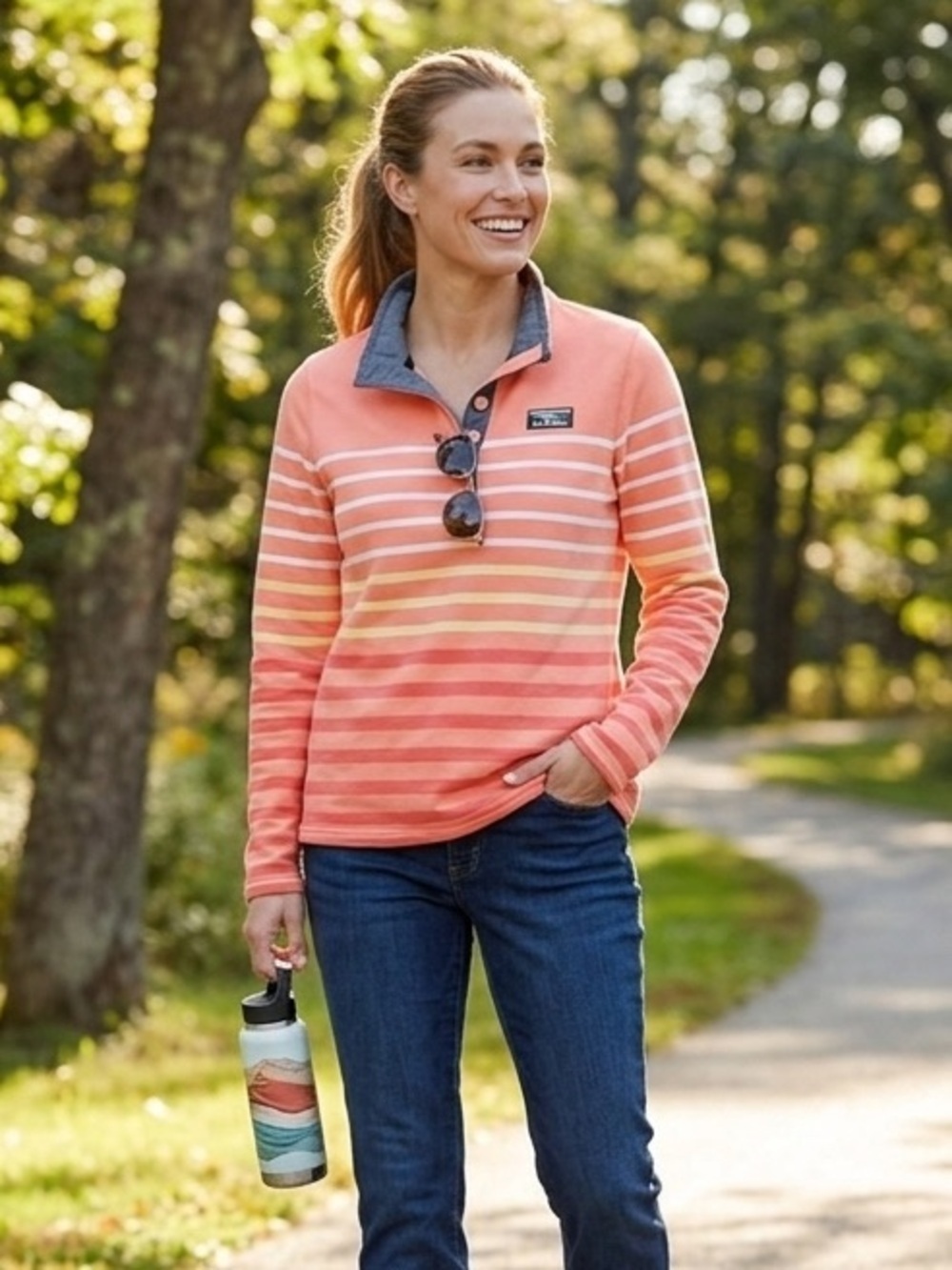 L.L Bean Cotton Rugby Striped Pullover Sweatshirt 501241 Women's Blue/Pink Small